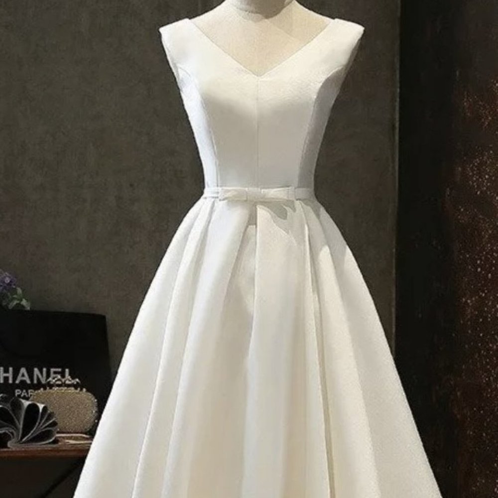 Special Occasion White Lace up Dress. Tea Length